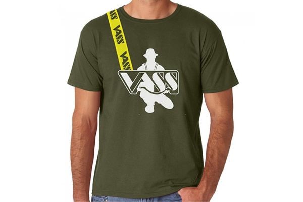 Vass Cotton T-Shirt with Yellow Printed Vass Braces Khaki